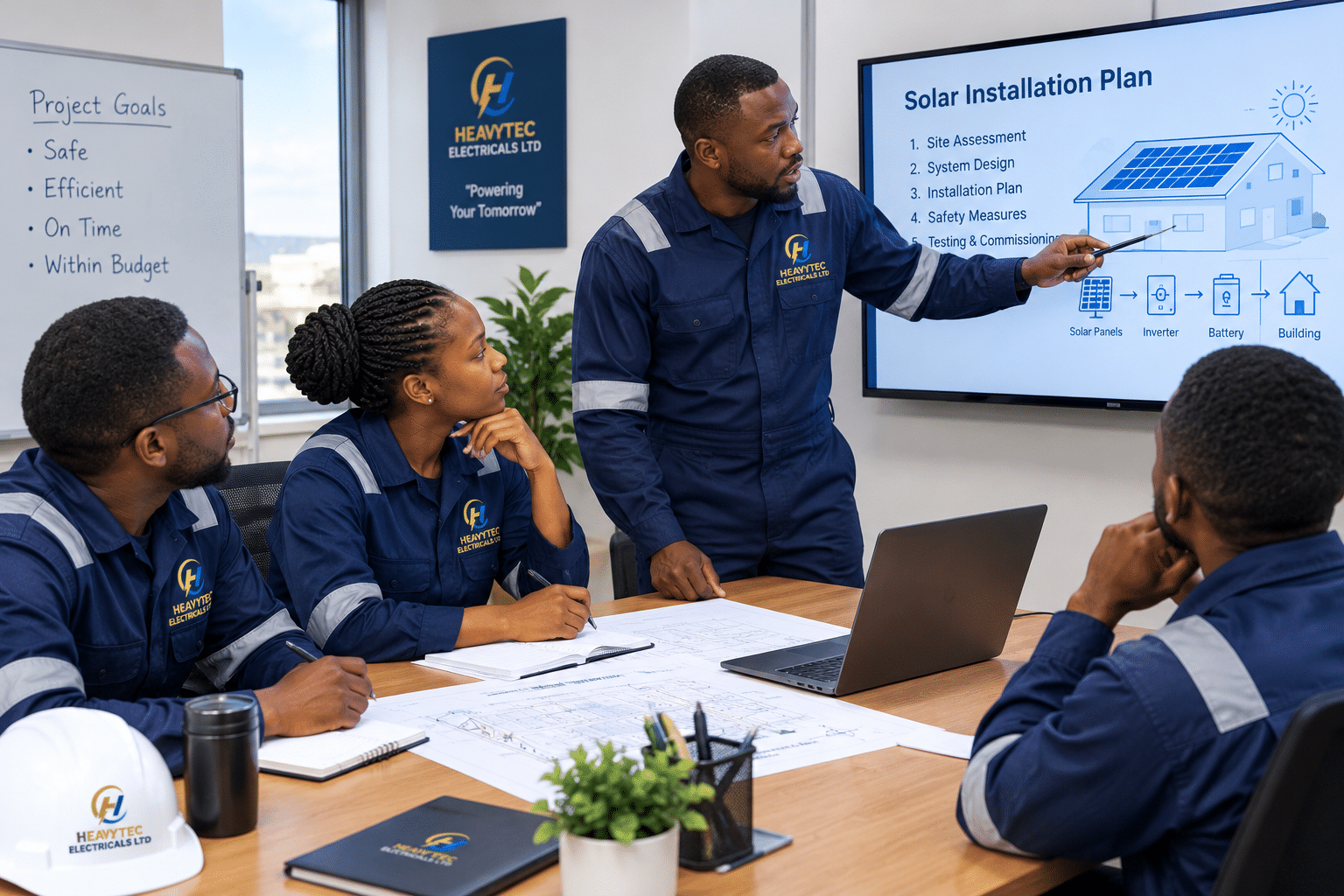 Heavytec technicians planning a solar installation together
